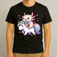 Cute Anime Kawaii Axolotl Riding A Unicorn And Drinking Boba  T-Shirt thumb 3