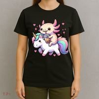 Cute Anime Kawaii Axolotl Riding A Unicorn And Drinking Boba  T-Shirt thumb 4