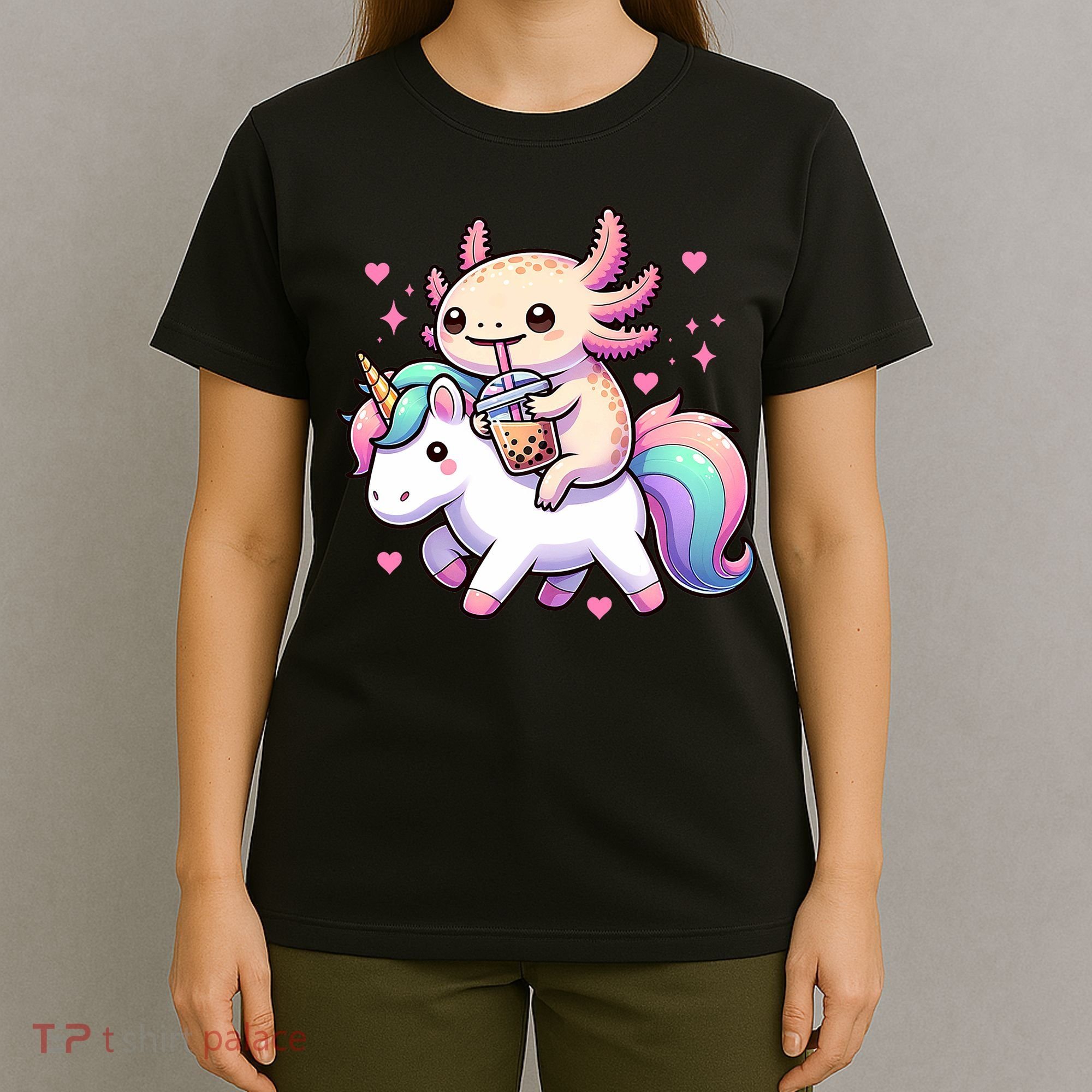 Cute Anime Kawaii Axolotl Riding A Unicorn And Drinking Boba  T-Shirt