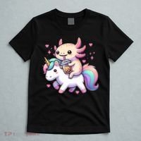 Cute Anime Kawaii Axolotl Riding A Unicorn And Drinking Boba  T-Shirt thumb 5