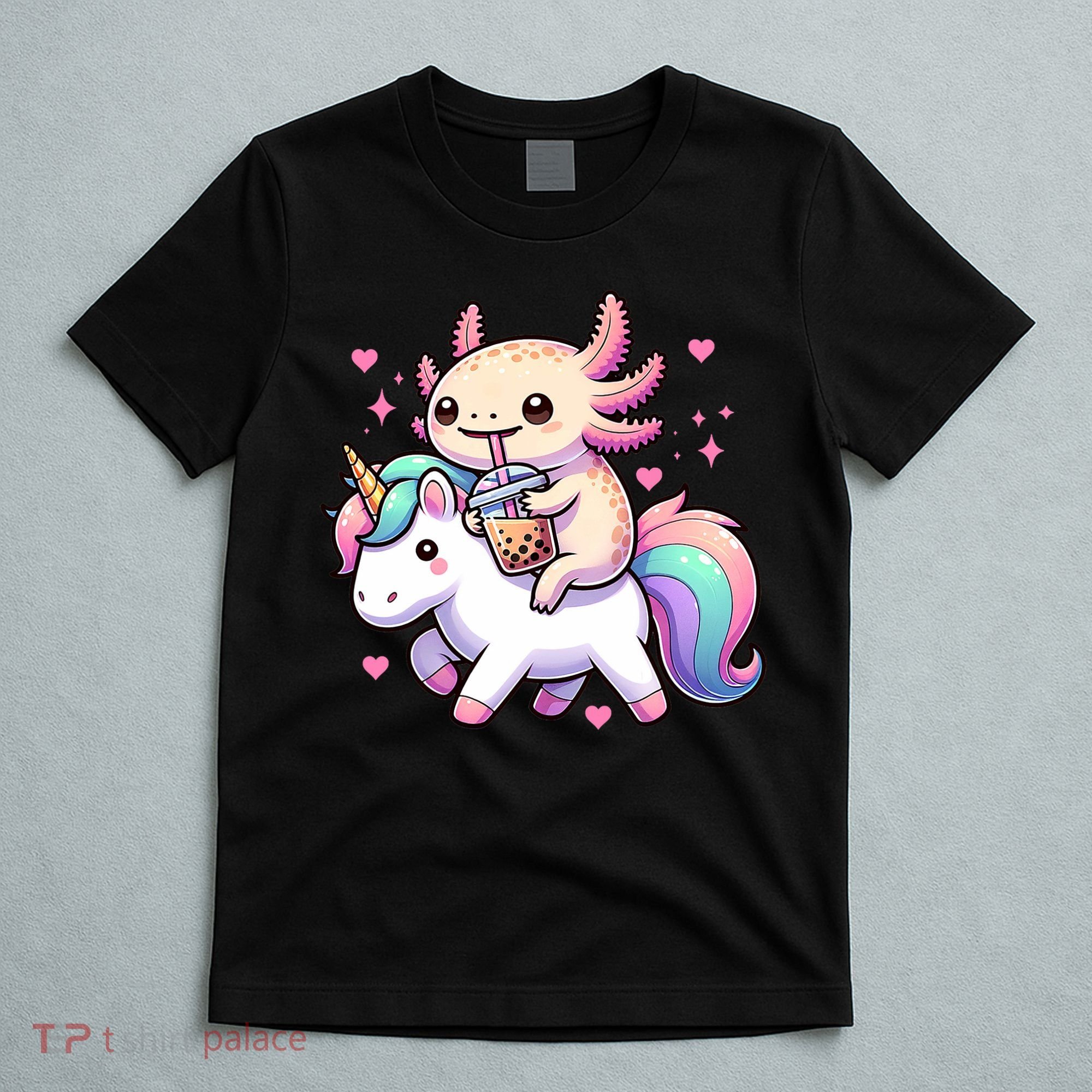 Cute Anime Kawaii Axolotl Riding A Unicorn And Drinking Boba  T-Shirt