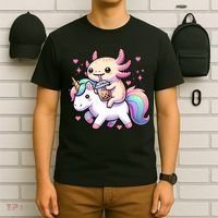 Cute Anime Kawaii Axolotl Riding A Unicorn And Drinking Boba  T-Shirt thumb 6