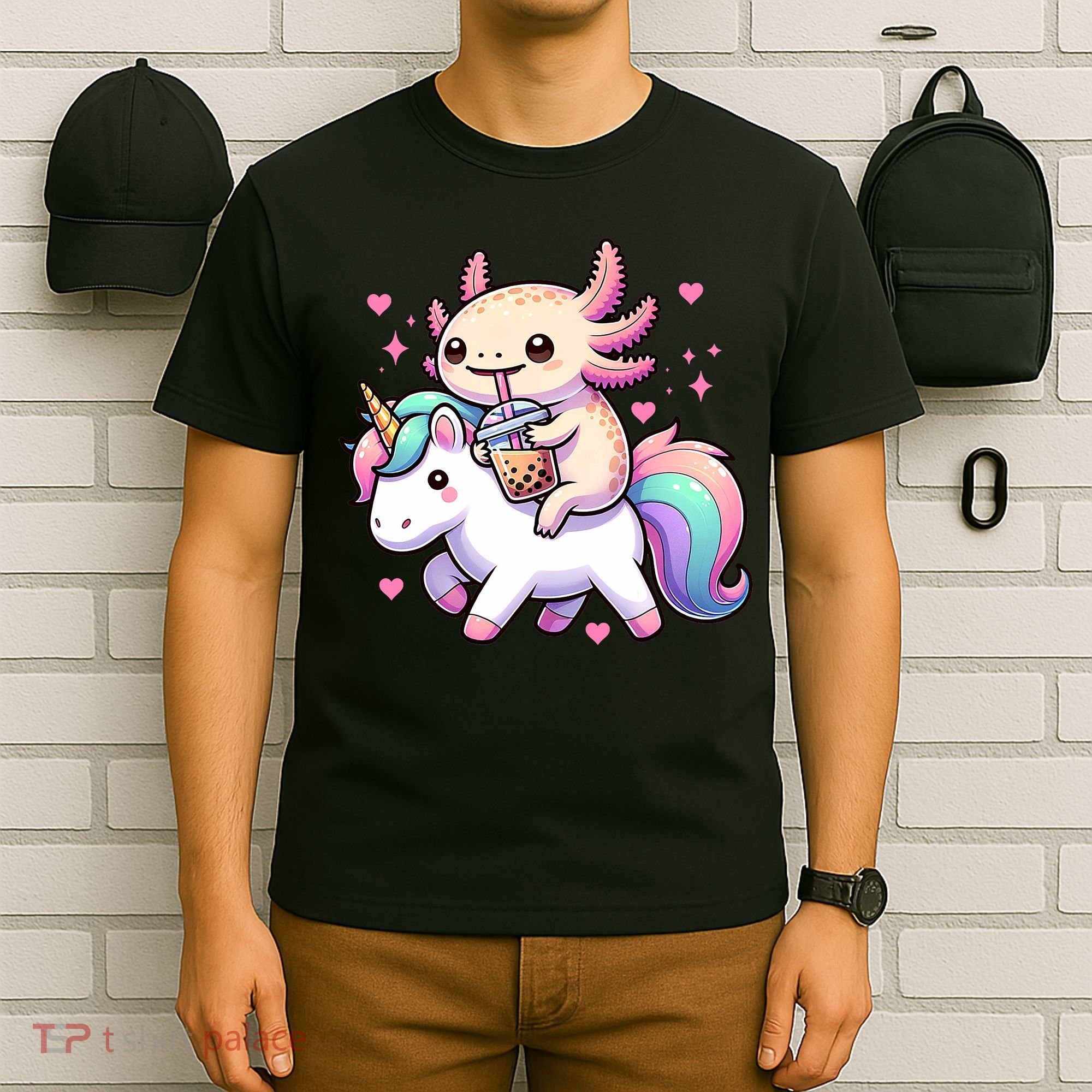 Cute Anime Kawaii Axolotl Riding A Unicorn And Drinking Boba  T-Shirt