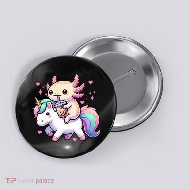 Cute Anime Kawaii Axolotl Riding A Unicorn And Drinking Boba  Button