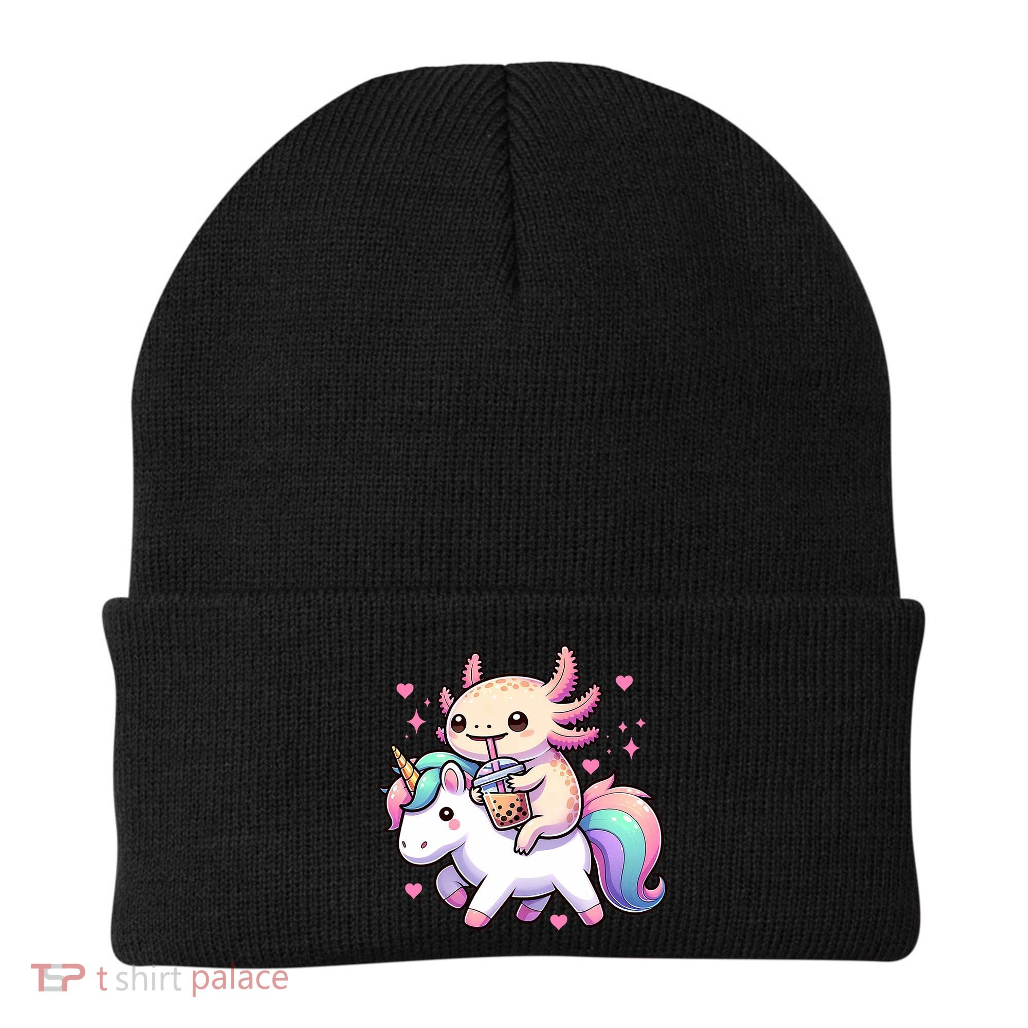 Cute Anime Kawaii Axolotl Riding A Unicorn And Drinking Boba  Beanie