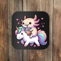 Cute Anime Kawaii Axolotl Riding A Unicorn And Drinking Boba  Coaster thumb 0