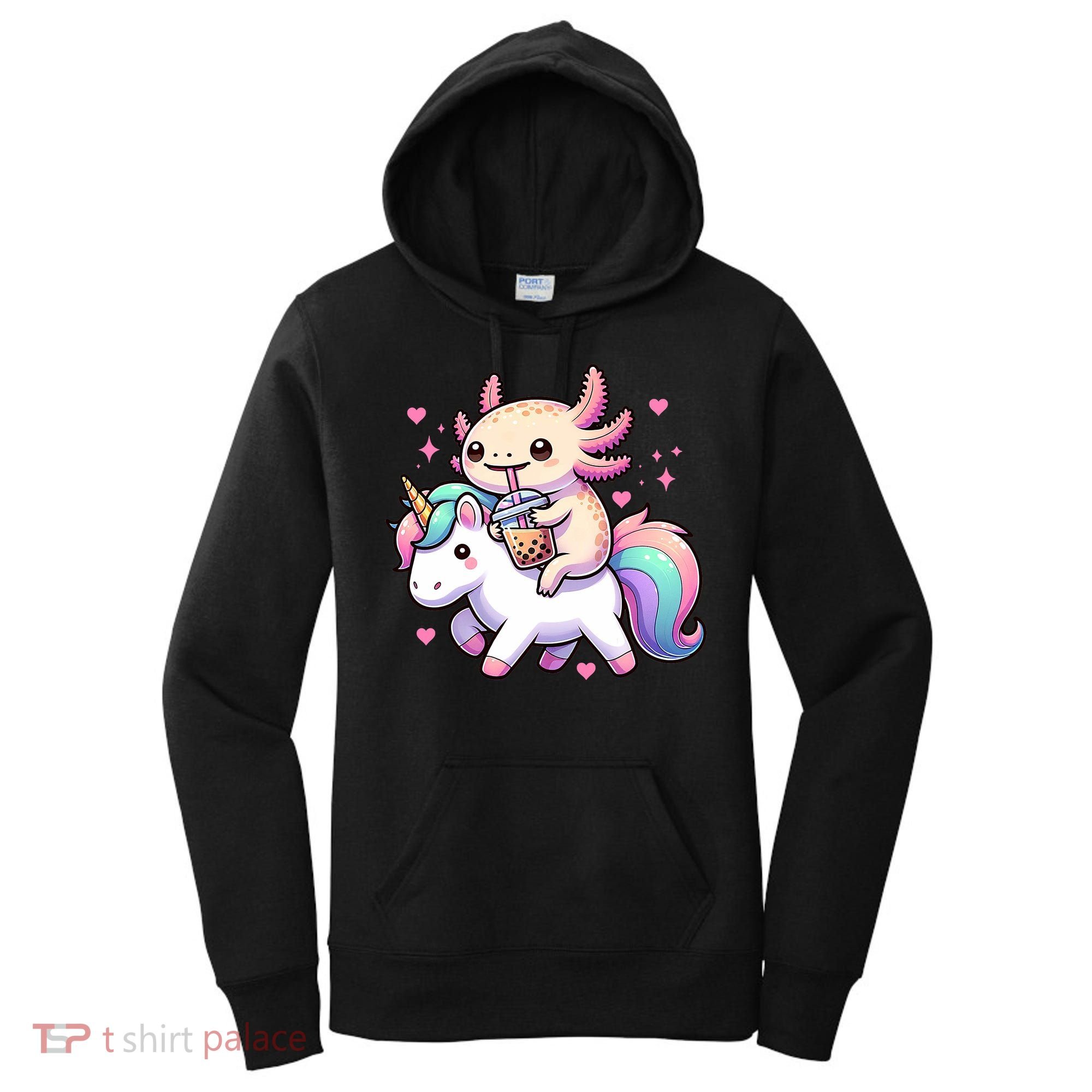 Cute Anime Kawaii Axolotl Riding A Unicorn And Drinking Boba  Women's Hoodie