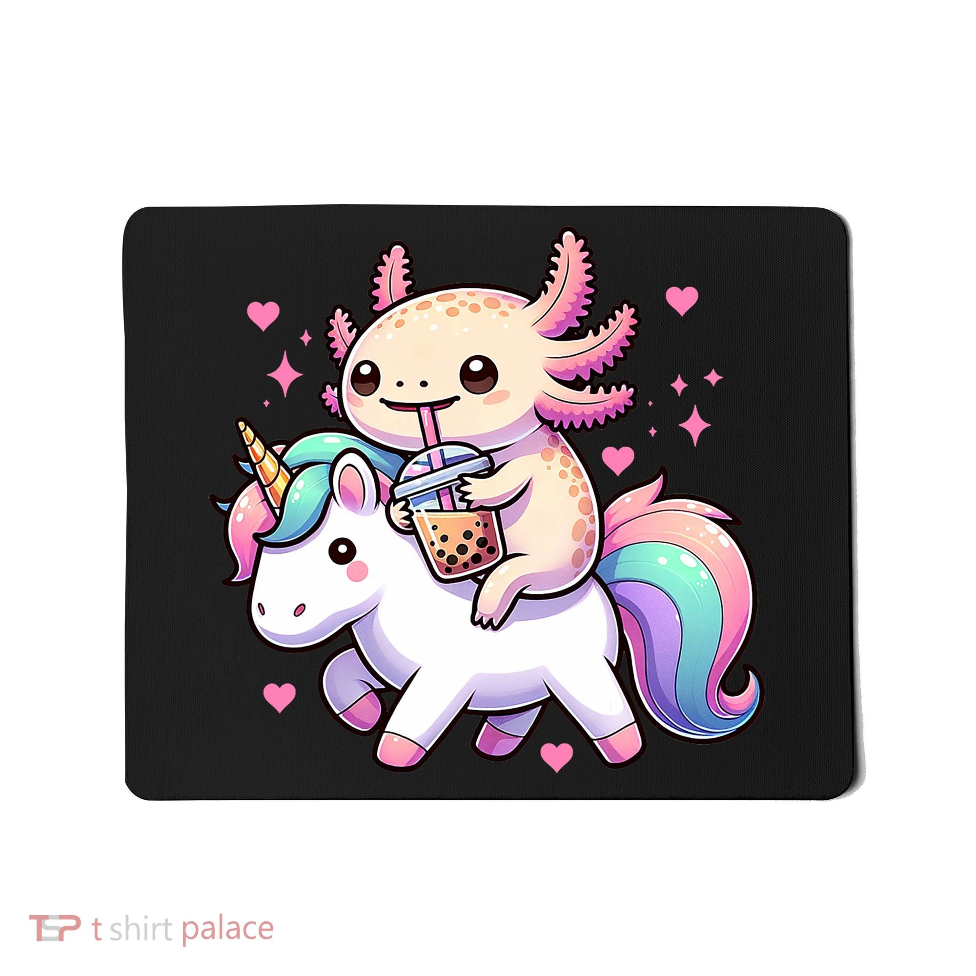 Cute Anime Kawaii Axolotl Riding A Unicorn And Drinking Boba  Mousepad