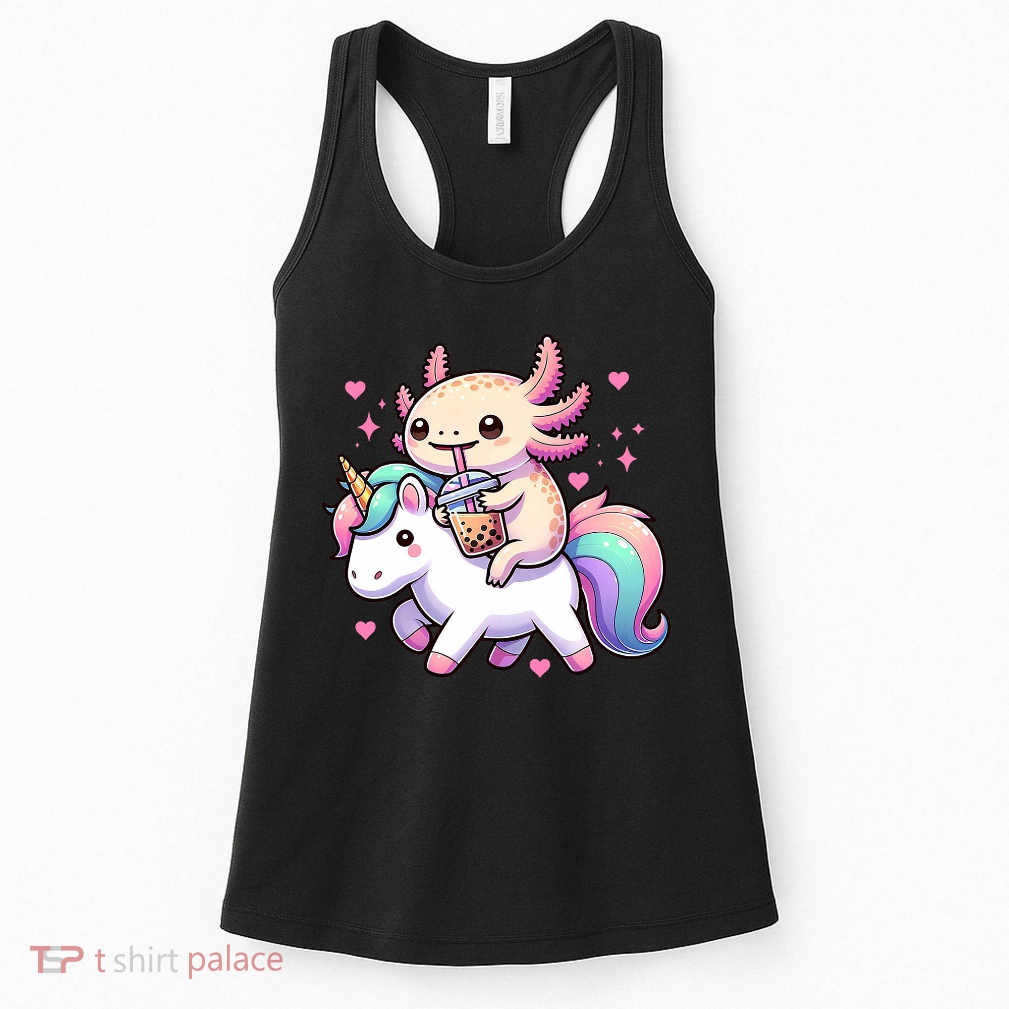 Cute Anime Kawaii Axolotl Riding A Unicorn And Drinking Boba  Women's Tank Top