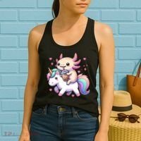 Cute Anime Kawaii Axolotl Riding A Unicorn And Drinking Boba  Women's Tank Top thumb 2