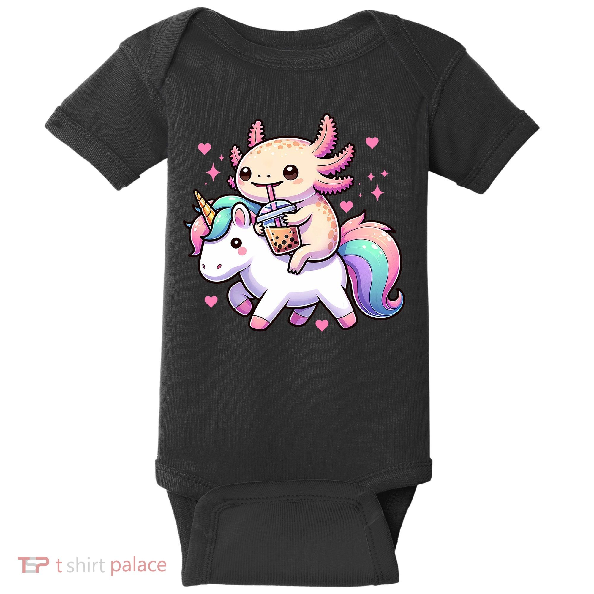 Cute Anime Kawaii Axolotl Riding A Unicorn And Drinking Boba  Baby Bodysuit