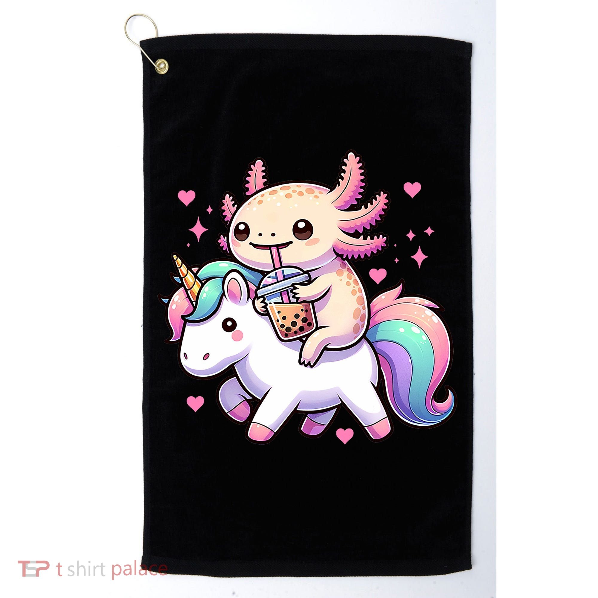 Cute Anime Kawaii Axolotl Riding A Unicorn And Drinking Boba  Golf Towel