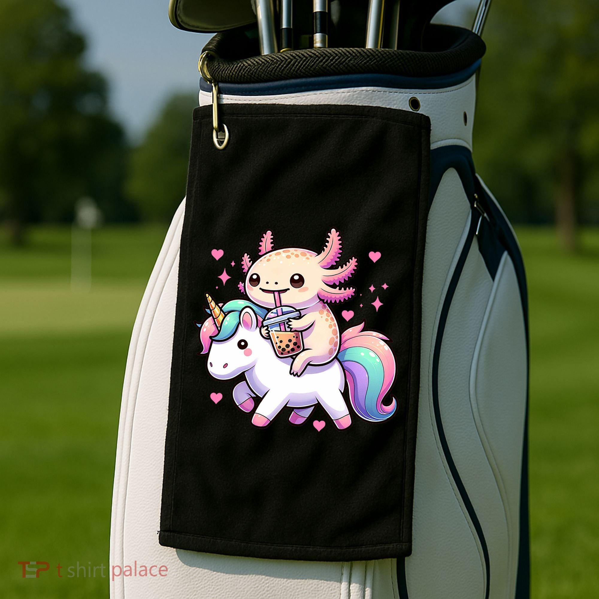 Cute Anime Kawaii Axolotl Riding A Unicorn And Drinking Boba  Golf Towel