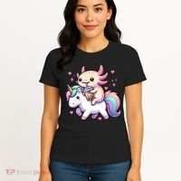 Cute Anime Kawaii Axolotl Riding A Unicorn And Drinking Boba  Women's T-Shirt thumb 4