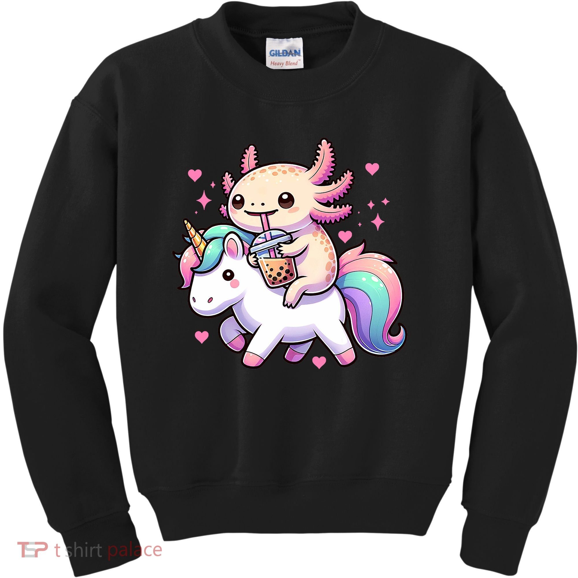 Cute Anime Kawaii Axolotl Riding A Unicorn And Drinking Boba  Kids Sweatshirt