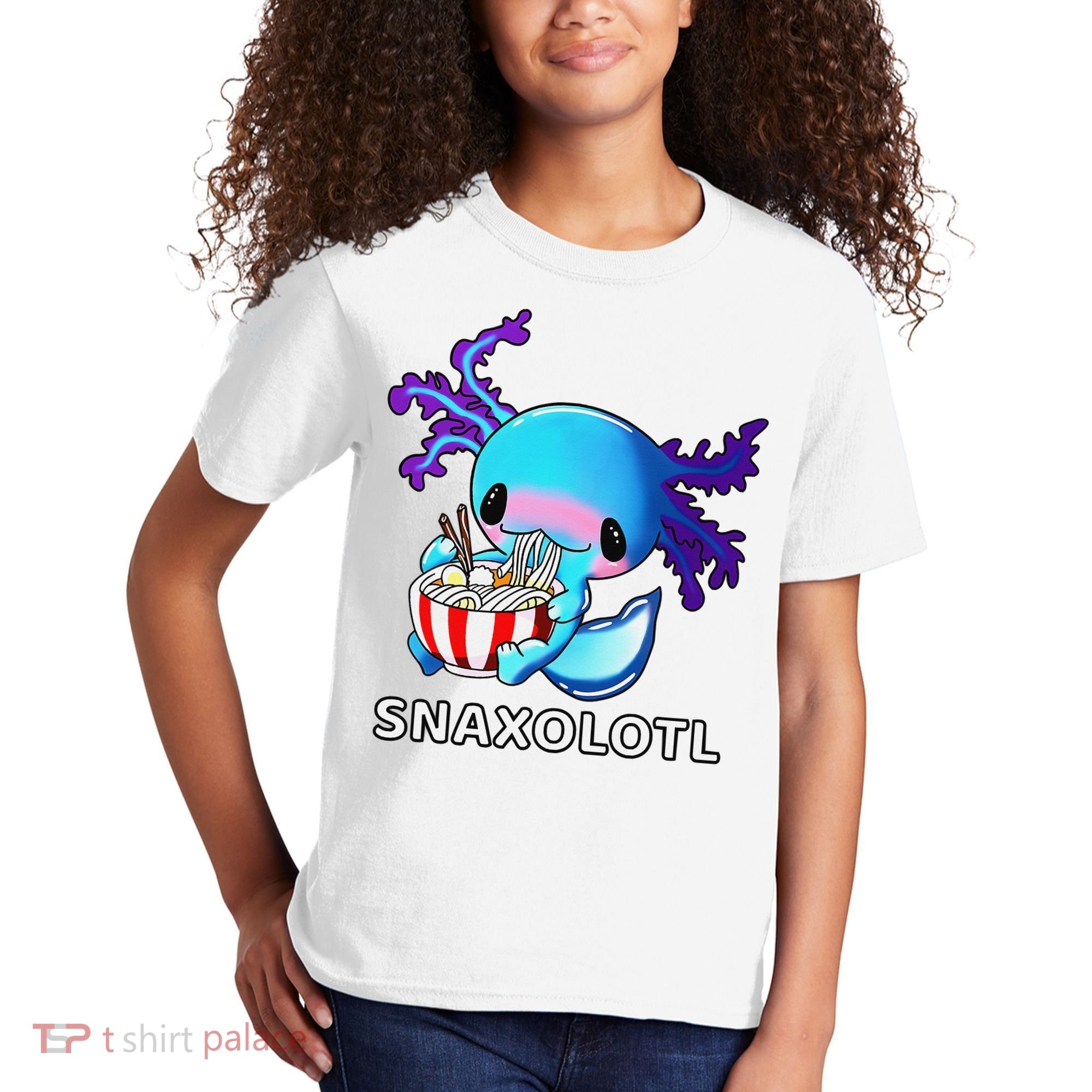 Cute Axolotl Lover Blue Snaxolotl Eating Ra Kawaii Anime  Kids T-Shirt