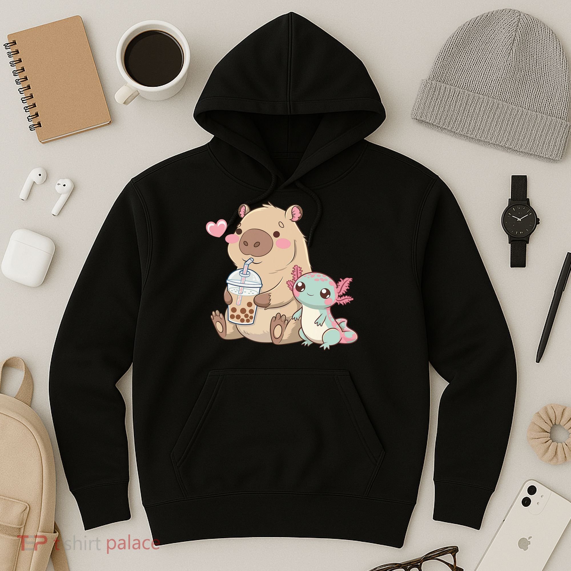 Cute Axolotl Lover Capybara Kawaii Anime Drinking Bubble Tea Hoodie