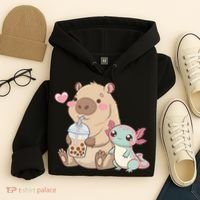 Cute Axolotl Lover Capybara Kawaii Anime Drinking Bubble Tea Hoodie thumb 4