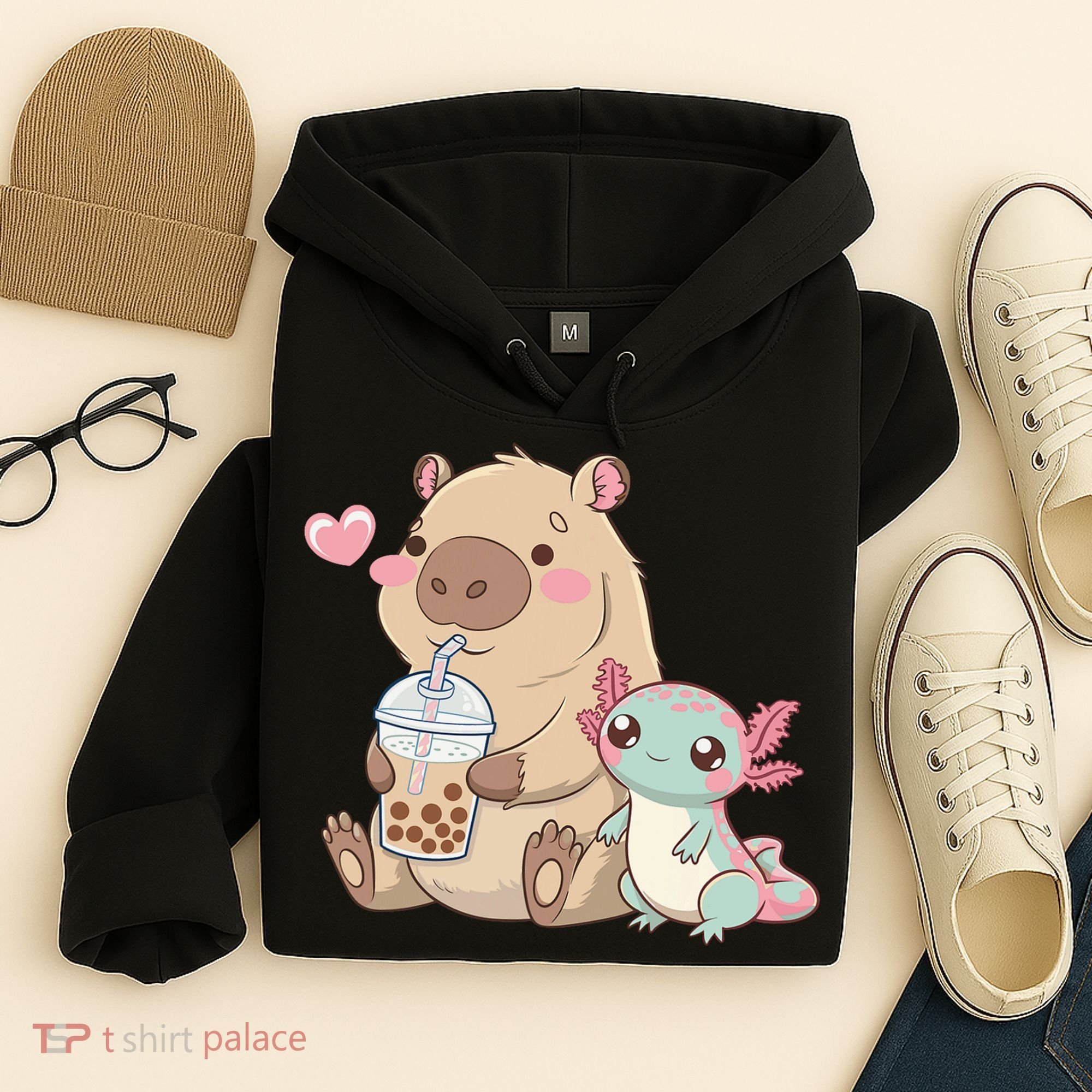 Cute Axolotl Lover Capybara Kawaii Anime Drinking Bubble Tea Hoodie