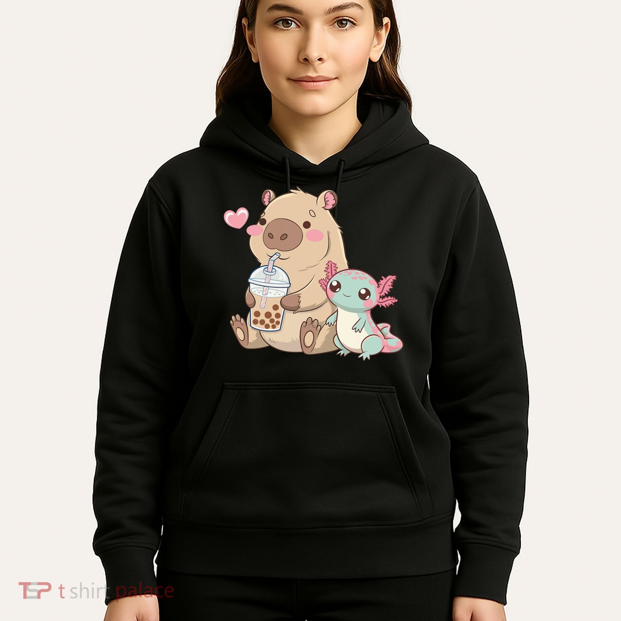 Cute Axolotl Lover Capybara Kawaii Anime Drinking Bubble Tea Hoodie