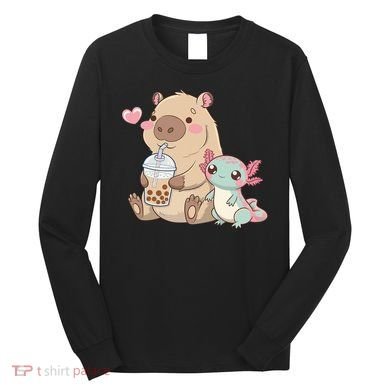 Cute Axolotl Lover Capybara Kawaii Anime Drinking Bubble Tea Long Sleeve Shirt