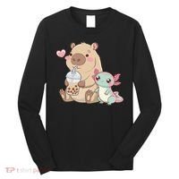Cute Axolotl Lover Capybara Kawaii Anime Drinking Bubble Tea Long Sleeve Shirt thumb 0
