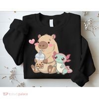 Cute Axolotl Lover Capybara Kawaii Anime Drinking Bubble Tea Sweatshirt thumb 2