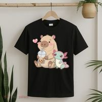 Cute Axolotl Lover Capybara Kawaii Anime Drinking Bubble Tea T-Shirt thumb 2