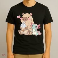 Cute Axolotl Lover Capybara Kawaii Anime Drinking Bubble Tea T-Shirt thumb 3
