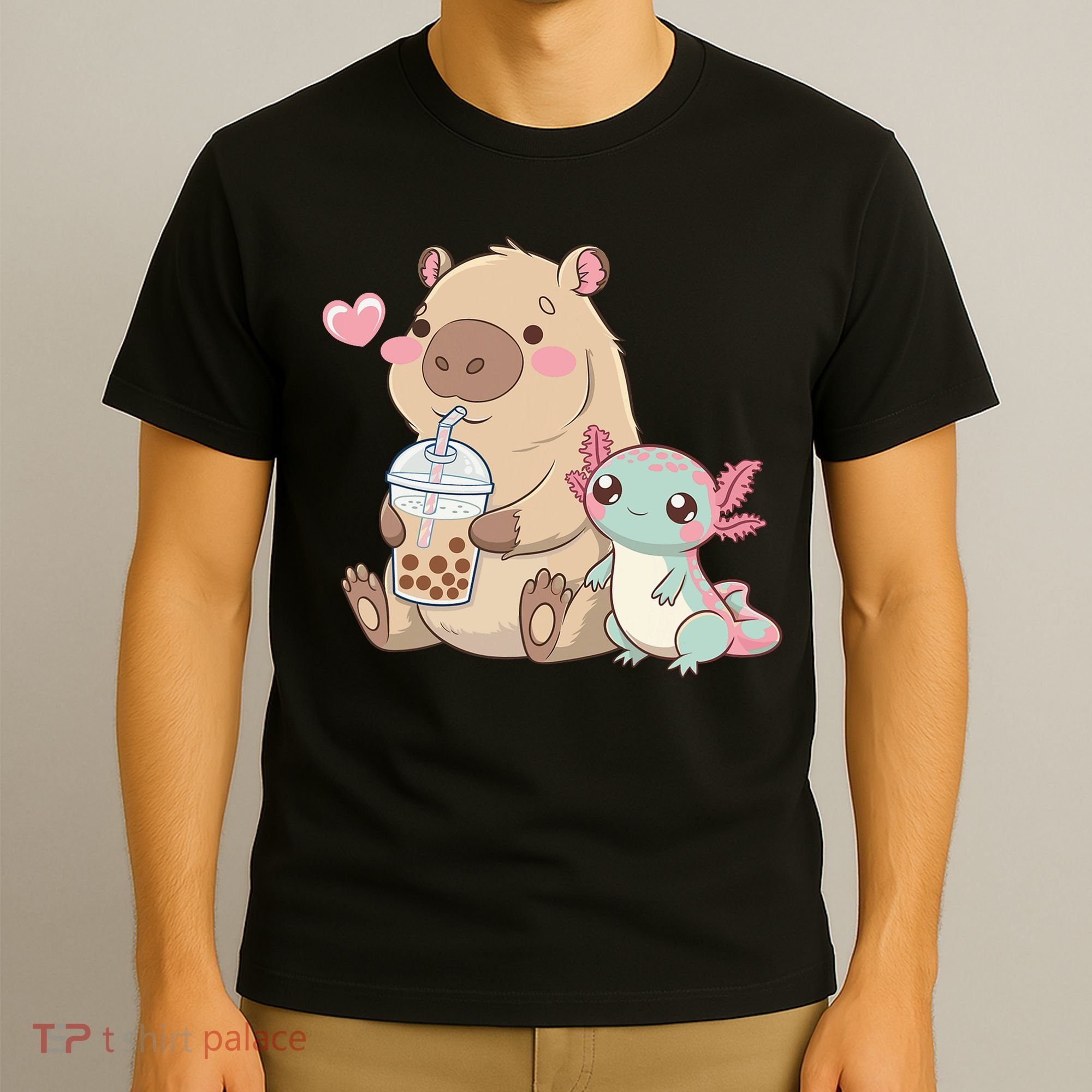 Cute Axolotl Lover Capybara Kawaii Anime Drinking Bubble Tea T-Shirt