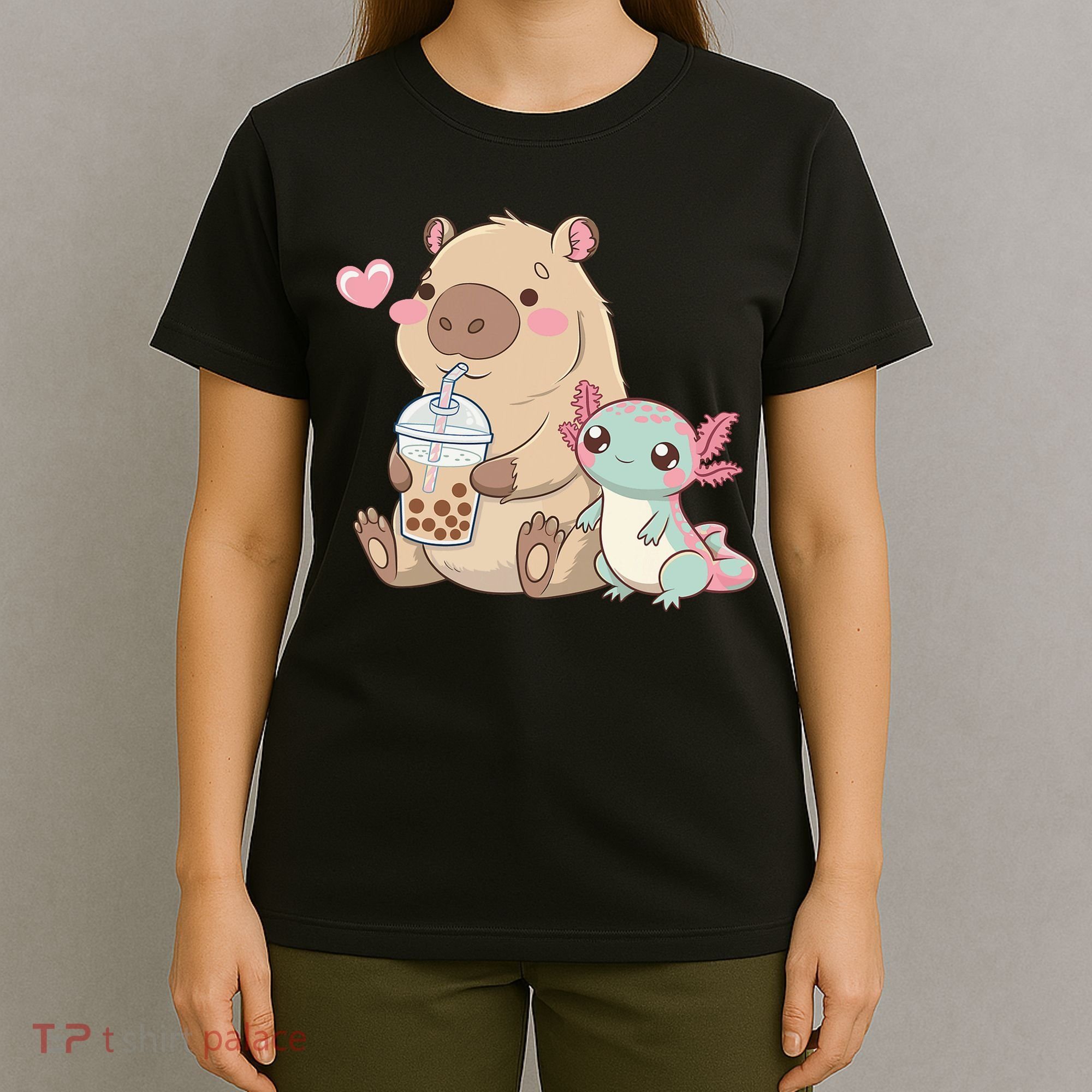 Cute Axolotl Lover Capybara Kawaii Anime Drinking Bubble Tea T-Shirt