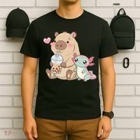 Cute Axolotl Lover Capybara Kawaii Anime Drinking Bubble Tea T-Shirt thumb 6