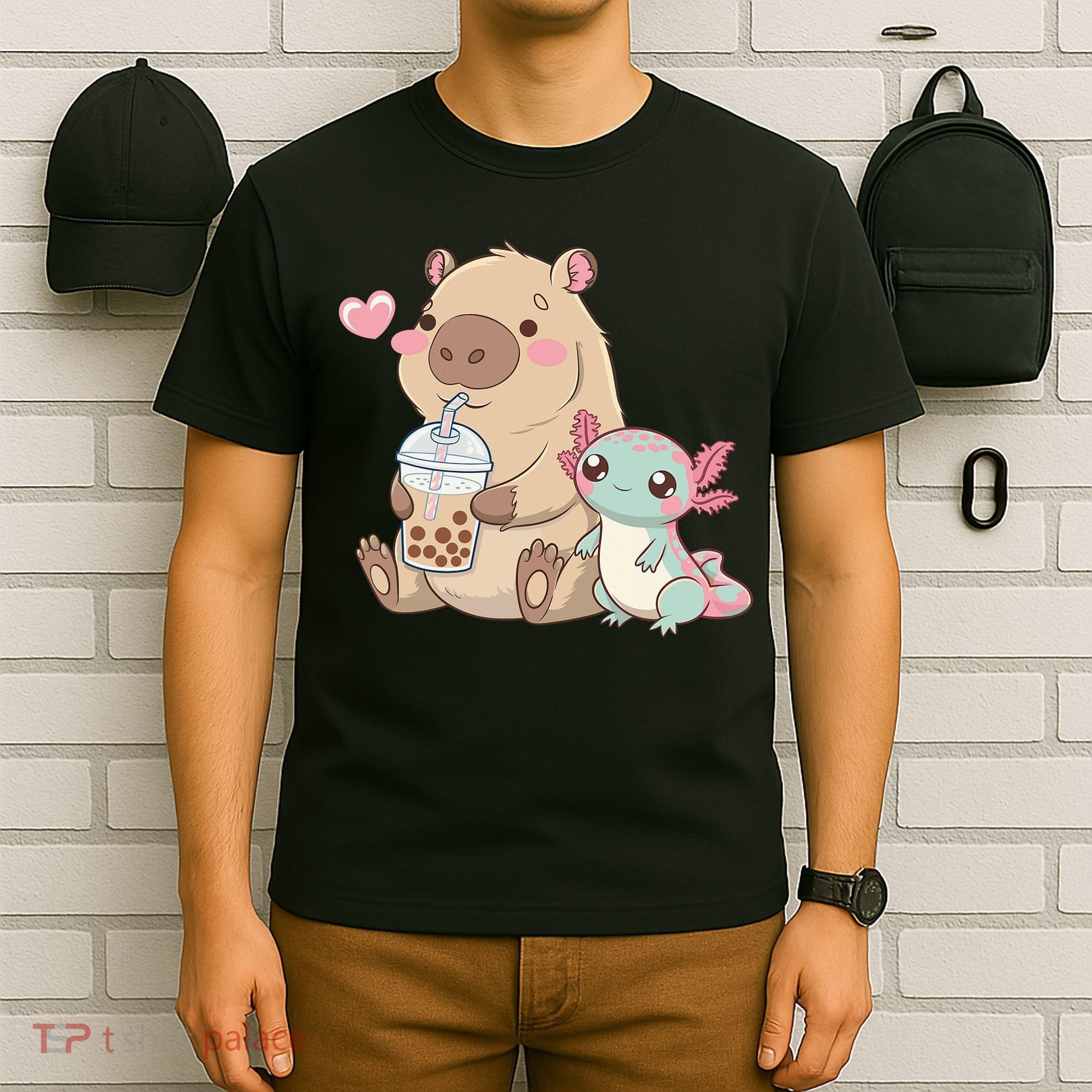 Cute Axolotl Lover Capybara Kawaii Anime Drinking Bubble Tea T-Shirt