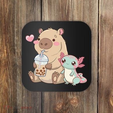 Cute Axolotl Lover Capybara Kawaii Anime Drinking Bubble Tea Coaster