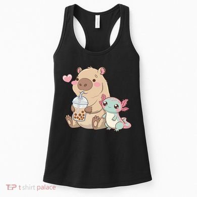 Cute Axolotl Lover Capybara Kawaii Anime Drinking Bubble Tea Women's Tank Top