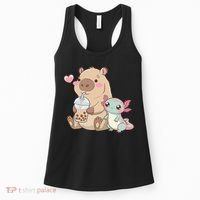 Cute Axolotl Lover Capybara Kawaii Anime Drinking Bubble Tea Women's Tank Top thumb 0