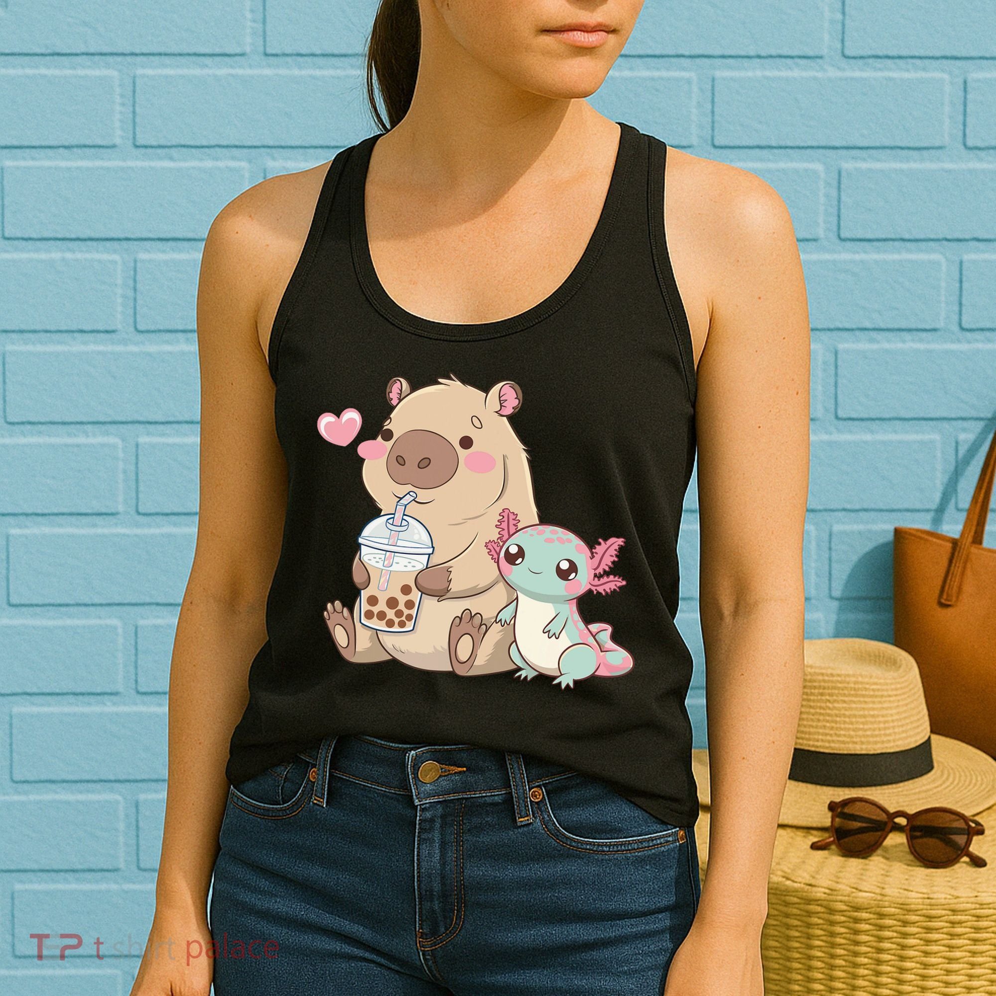 Cute Axolotl Lover Capybara Kawaii Anime Drinking Bubble Tea Women's Tank Top