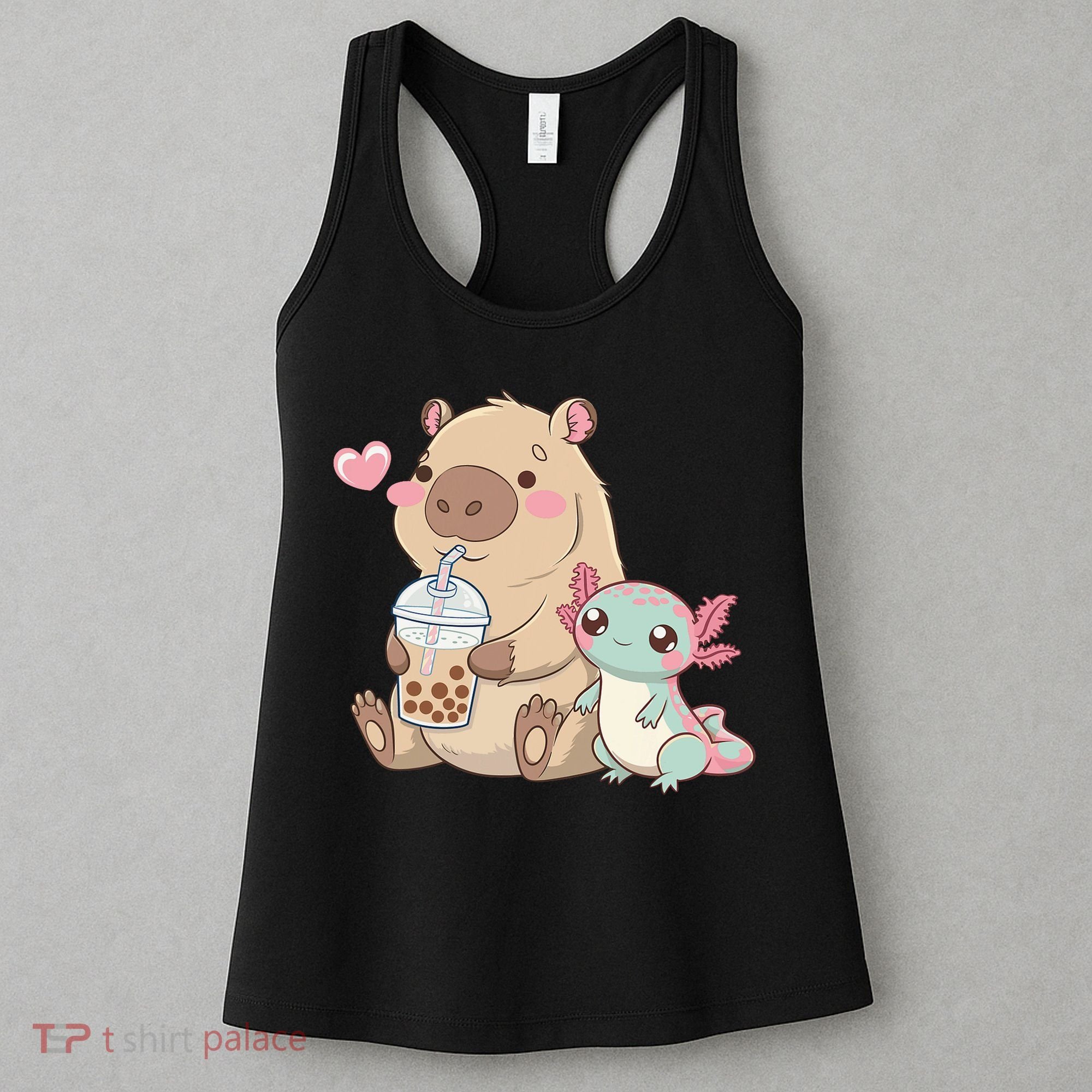 Cute Axolotl Lover Capybara Kawaii Anime Drinking Bubble Tea Women's Tank Top