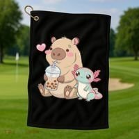 Cute Axolotl Lover Capybara Kawaii Anime Drinking Bubble Tea Golf Towel thumb 1