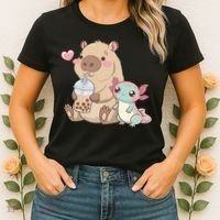 Cute Axolotl Lover Capybara Kawaii Anime Drinking Bubble Tea Women's T-Shirt thumb 2