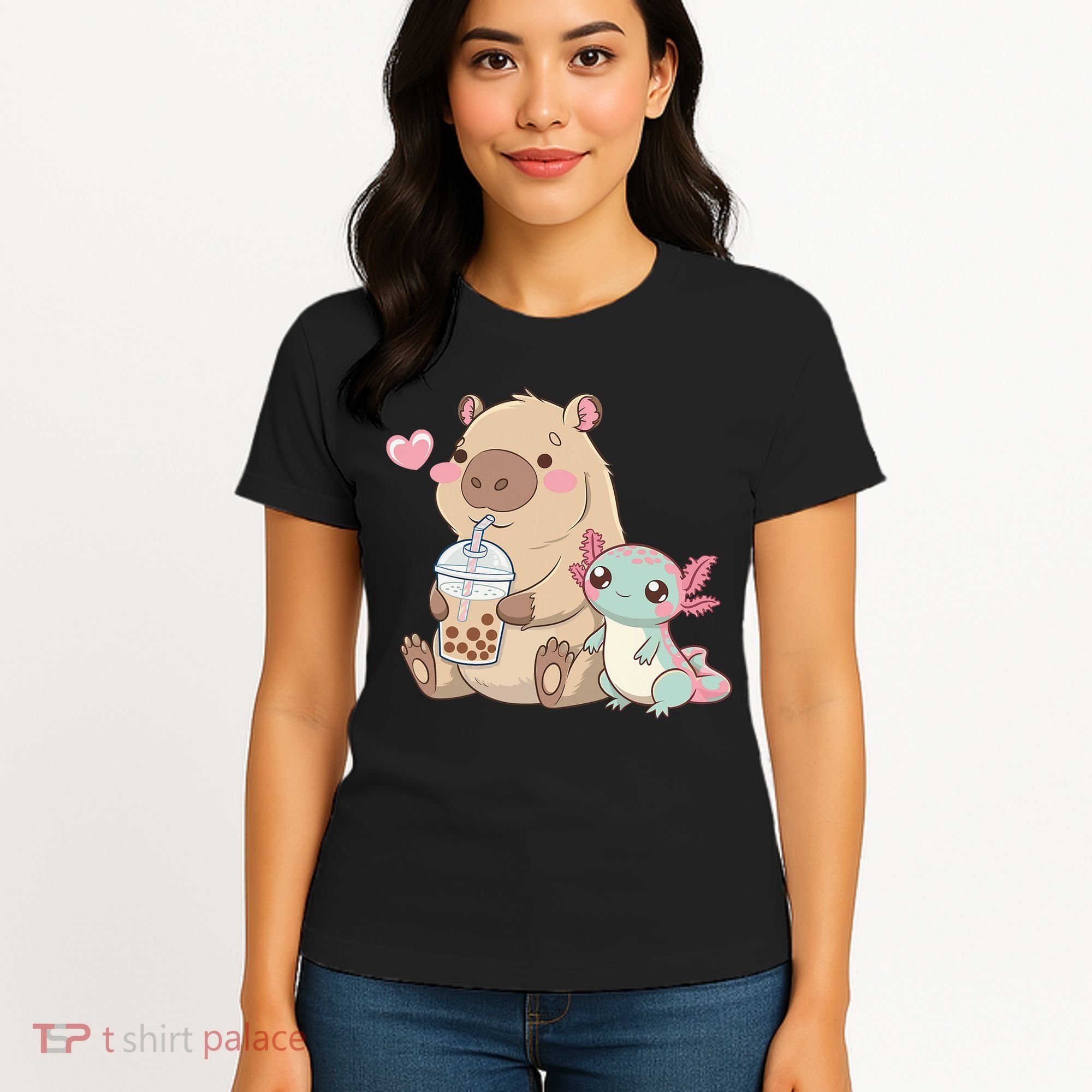 Cute Axolotl Lover Capybara Kawaii Anime Drinking Bubble Tea Women's T-Shirt