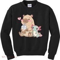 Cute Axolotl Lover Capybara Kawaii Anime Drinking Bubble Tea Kids Sweatshirt thumb 0