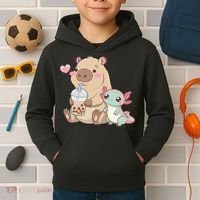Cute Axolotl Lover Capybara Kawaii Anime Drinking Bubble Tea Kids Hoodie thumb 2