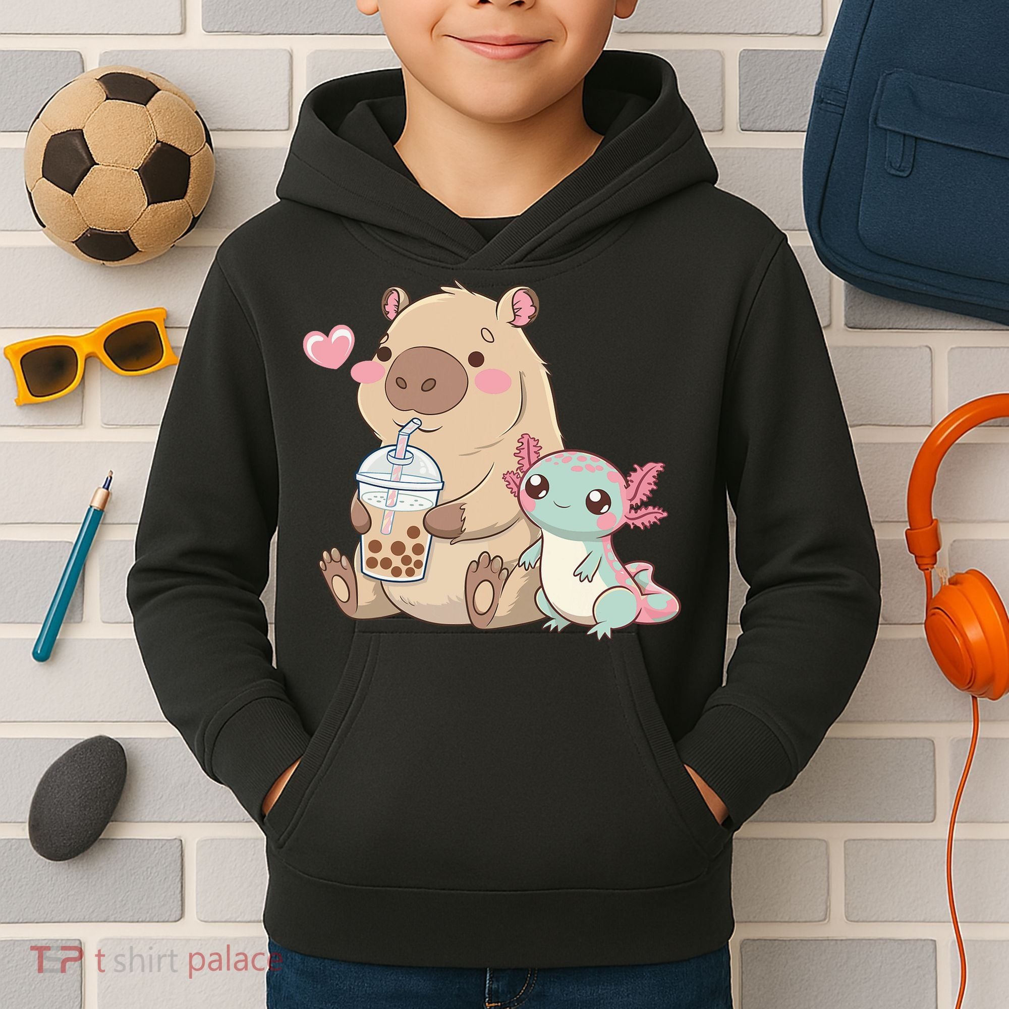Cute Axolotl Lover Capybara Kawaii Anime Drinking Bubble Tea Kids Hoodie