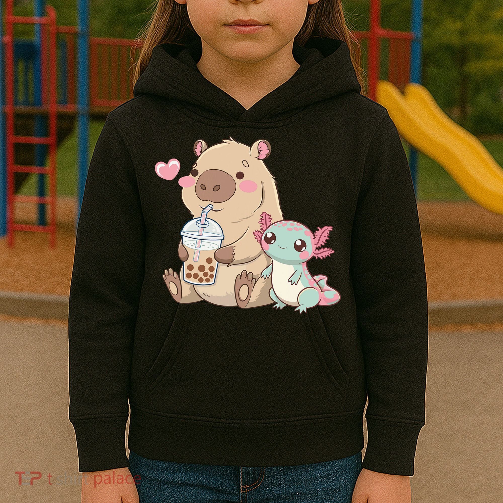 Cute Axolotl Lover Capybara Kawaii Anime Drinking Bubble Tea Kids Hoodie