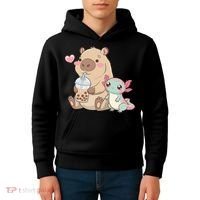 Cute Axolotl Lover Capybara Kawaii Anime Drinking Bubble Tea Kids Hoodie thumb 4