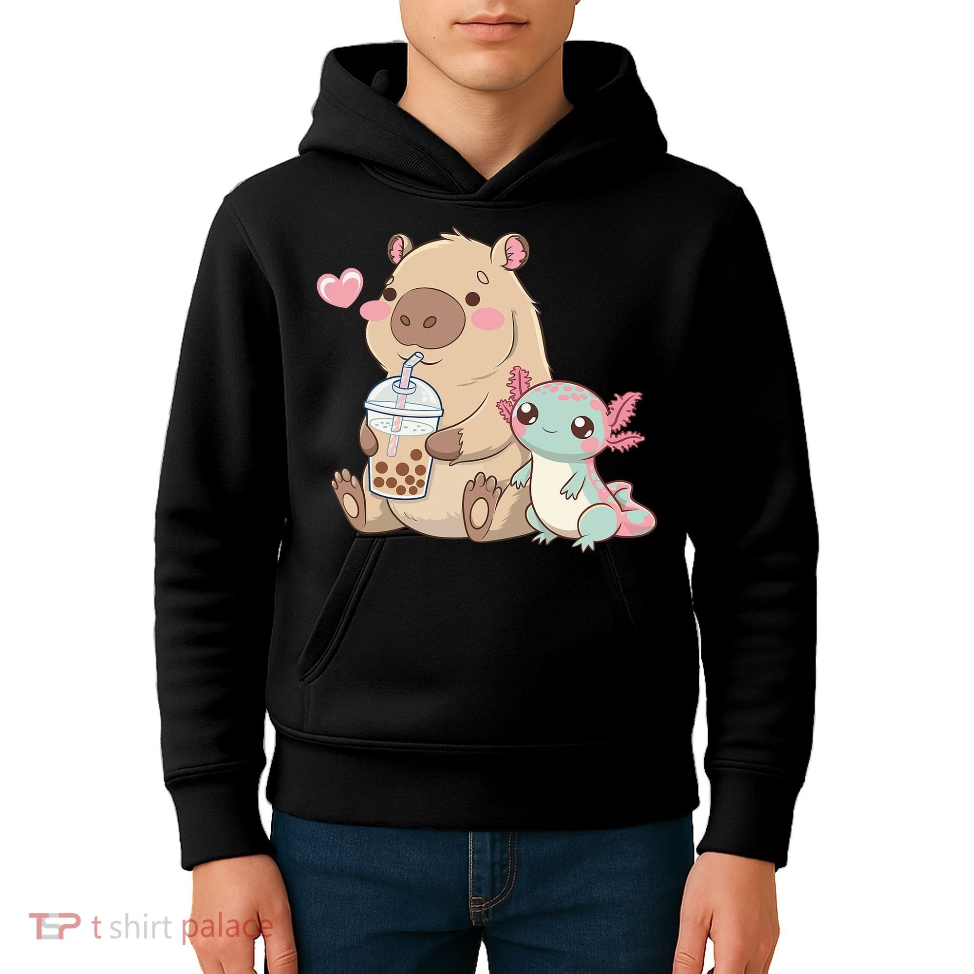 Cute Axolotl Lover Capybara Kawaii Anime Drinking Bubble Tea Kids Hoodie