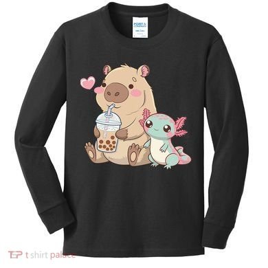 Cute Axolotl Lover Capybara Kawaii Anime Drinking Bubble Tea Kids Long Sleeve Shirt