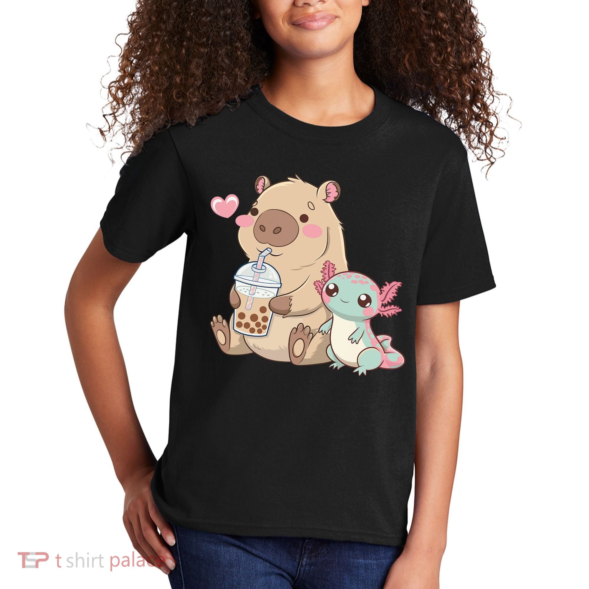 Cute Axolotl Lover Capybara Kawaii Anime Drinking Bubble Tea Kids T-Shirt