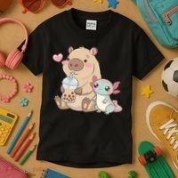 Cute Axolotl Lover Capybara Kawaii Anime Drinking Bubble Tea Kids T-Shirt thumb 3